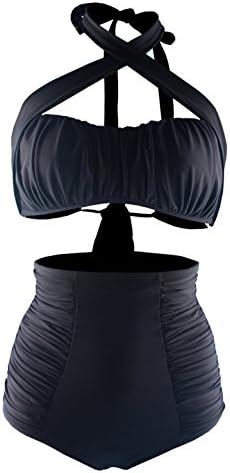 Shotita Retro Black Elegant Fold High Waist Bikini Vintage Bathing Suit Swimsuit XL