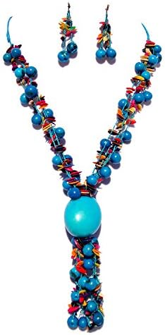 Colombian Girl Jewelry Women's Handmade Necklace/Earring Set made from Acai Berries and Cantaloupe Seeds 24 inches Light Blue Rainbow