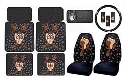 Tasmanian Devil Taz w/ Attitude 8pc Combo Set Front & Rear Floor Mats, Seat Covers, CD Visor Organizer & Steering Wheel Cover
