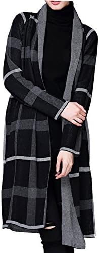 GEXMEE Women's Long Shawl Collar Plaid Open Front Cardigan Sweater Blac One Size