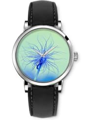 SPRAWL Aanalog Fashion Series Silver Ladies Watches of Genuine Black Leather Strap,Unique Wrist Watch for Women Girls Designed with Blue flower