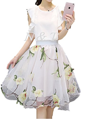 (エヌアンドティー）N&T レディース フォーマル フリルブラウス ふんわり 花柄 スカート 上下 2点セット Aライン 結婚式 パーティー 謝恩会 二次会 演奏会