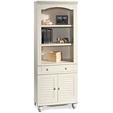 Sauder Harbor View Library with Doors, Antiqued White Finish