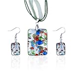 Sterling Silver Foil Flower Dichroic Murano Glass Pendant And Earring Jewelry Set