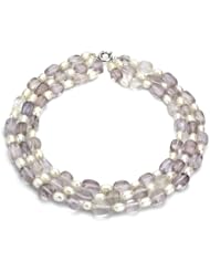 Sterling Silver 7-8 White Freshwater Pearl and 9x16mm Light Amethyst 18"-22" 3-row Necklace. Amethyst is February Birthstone.