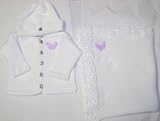 Knitted on Hand Knitting Machine White Chenille Finished By Hand Crochet Infant Boys and Girls Cardigan Hat Set Trimmed with Lilac Velvet Rhinestone Butterfly and Matching Large 32 Inch By 46 Inch Blanket
