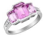 Three Stone Created Pink Sapphire Ring with Diamonds 2.50 Carat (ctw) in 10K White Gold
