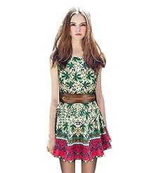 A-line Floral Print Leather Tank Belted Vintage Pleated Above the Knee Mini Dress  With a Sash 