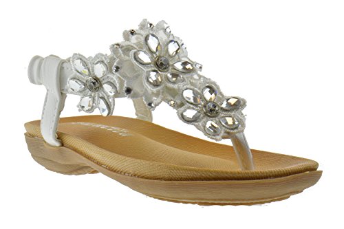 Crab 800KM Little Girls Gladiator Floral Rhinestone Comfort Flat Sandals White