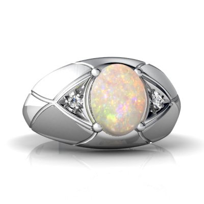 14K White Gold Oval Genuine Opal Men's Men's Ring Size 9