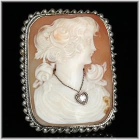 14k White Gold Shell Cameo and Diamond Antique Brooch Pendant by