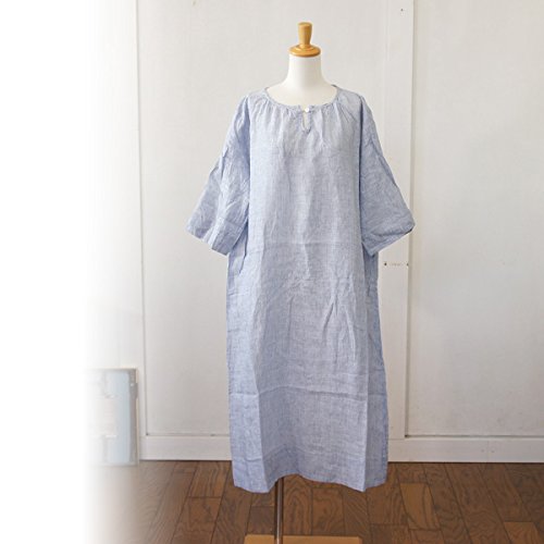 (イチ) ICHI 細ストライプ柄リネン５分袖ワンピース