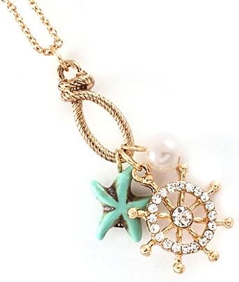 Long Goldtone with Clear Crystals Pearltone and Turquoise Accent with Sea Charms Pendant Necklace Fashion Jewelry