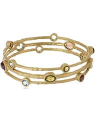 Gold Plated Matte Multi-Colored Stone Triple Bangle Bracelet, 7.9"