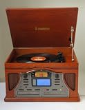 from Lime Shop Steepletone Lancaster Nostalgia/Retro 5-in-1 3 Speed Turntable/Record Player, CD or MP3-CD Player, Radio, Cassette Player and CD Burner/Recorder System in Dark Wood Finish