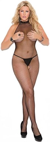 Plus Size Lingerie Sexy Black Fishnet Halter Bodystocking - Fits Size 14-18