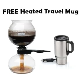 Bodum Santos Stovetop Glass Vacuum 34-Ounce Coffee Maker With FREE 16 oz. Stainless Steel 12V Heated Travel Mug