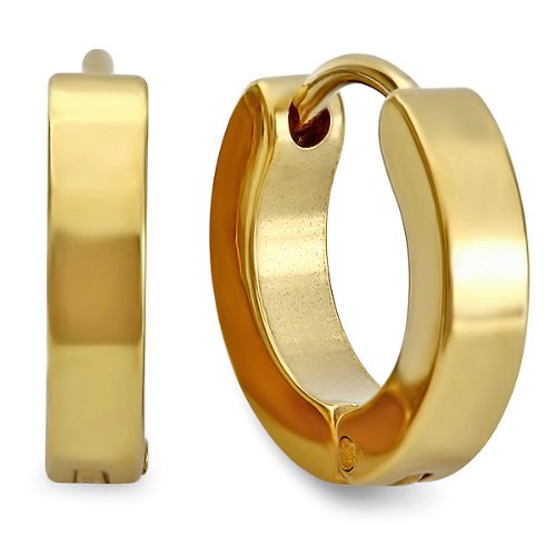 18k Yellow Gold Plated Stainless Steel Hip Hop Iced Mens Ladies Unisex Huggie Hoop Earrings (13MM Length x 4MM Width)