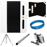 Black White Executive Leather Portfolio Carrying Case Cover for Apple iPad (first generation) Model MB292LL/A, MB293LL/A, MB294LL/A (16GB, 32GB, 64GB) + Silver Dual Tip Aluminum Stylus Pen + Silver Tablet Stand + Universal Headrest Tablet Mount + SumacLife TM Wisdom Courage Wristband