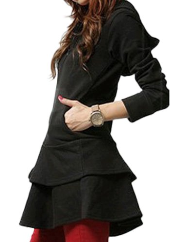 【ノーブランド品】大きいサイズ レディース ロング丈 パーカー ワンピース 2段フリル フレア スカート無地