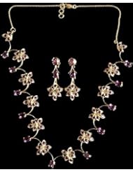 Fine Cut Amethyst Floral Necklace and Earrings Set (Amethyst = 19.35 Carats) - 18 K Gold