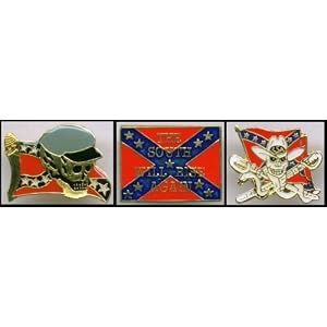 D -Rebel Biker Hat Pin Set of 3- -Motorcycle Pin Hat Vest Lapel - Rebel Flag Confederate Skull Set