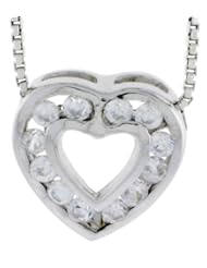 High Polished Sterling Silver 1/2 inch (13 mm) tall Heart Pendant Slide, w/ Twelve 2mm Brilliant Cut CZ Stones, w/ 18" Thin Box Chain