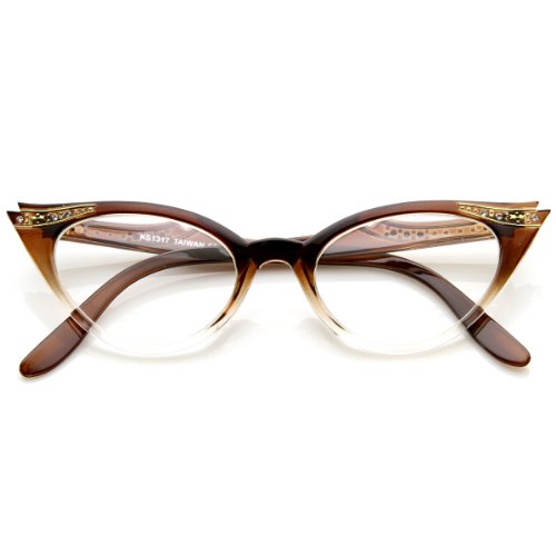 zeroUV - Vintage Cateyes 80s Inspired Fashion Clear Lens Cat Eye Glasses with Rhinestones (Brown-Fade)