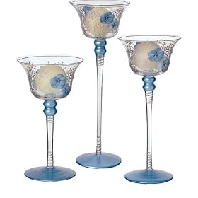 Filigree Blue Hand Painted Glass Boxed Set 3 Candle Holders