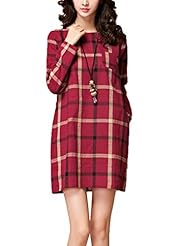 Plus Size A-line Cotton/Linen Plaid Print  Dress