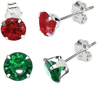 2 Pairs 2.00 Carat Total Weight 6.50mm Each Pair of Ruby and Emerald Round Cubic Zirconia Stud Earrings