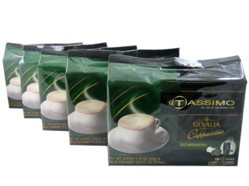 Tassimo T-Disk: Gevalia Cappuccino Decaf. T-Disc Pods (Case of 5 packages; 80 T-Discs Total)