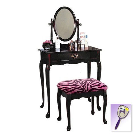 New Cherry Finish Queen Anne Make Up Vanity Table with Mirror & Pink Zebra Faux FurThemed Bench