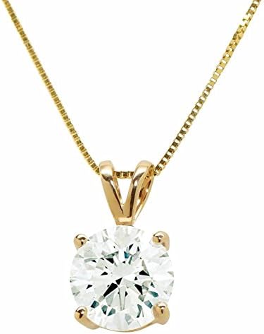 14K Solid Yellow Gold Round Cut CZ Solitaire Pendant Necklace (1.25 carat, Diamond Equivalent), 18" box link chain