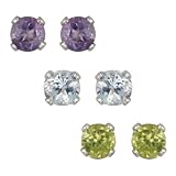 Sterling Silver 1.66ct Amethyst, Blue Topaz, Peridot Stud Earrings Set, 4mm