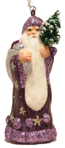 Ino Schaller Santa in Purple Coat with Silver Bag Paper Mache Christmas Ornament Ino Schaller Santa in Purple Coat with Silver Bag Paper Mache Christmas Ornament