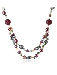 Multi-Color and Shape Freshwater Cultured Pearl and Serpentine Bead Sterling Sliver Clasp Necklace, 16"+2" Extender