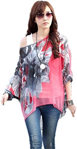 V28Women's Batwing Ladies Chiffon Round Neck Flower Semi Sheer Top Loose Tunic