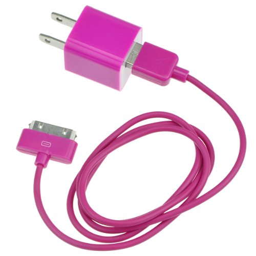 EarlyBirdSavings 3Ft 0.9M Data Sync Cable Cord + Wall Charger Fuchsia for Apple Touch iPhone 4 4S