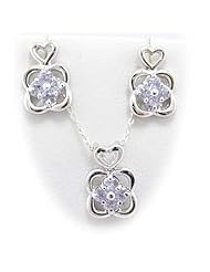 Sterling Silver Flower Shamrock Clover CZ Pendant Earrings Flat Cable Chain 18 inch