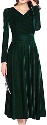 European and American models spring and autumn women's long sleeve V-neck velvet dress (M, dark green)