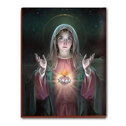 Wood Plaque - Immaculate Heart of Mary - Mounted on 1/4" Wood And Beveled Frame - 13"x16" - MADE IN ITALY