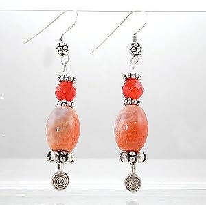 Southwestern Fire Agate and Carnelian Gemstone Bead Dangle Earrings in Sterling Silver with Spirals and Raindrop Beads, #8553