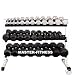 Dumbbell Rack 3 tier 48 w/ 5-50 lb Black Rubber Dumbbells & Rubber Mat