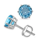 18k White Gold 6 Prong Blue Topaz Stud Earrings Studs, 2.10 cttw, Screw Backs