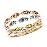 14K Tri-Color Gold Blue Yellow Cherry Red Diamond 3 Stackable Rings Set (1/4 Carat, SI Clarity)