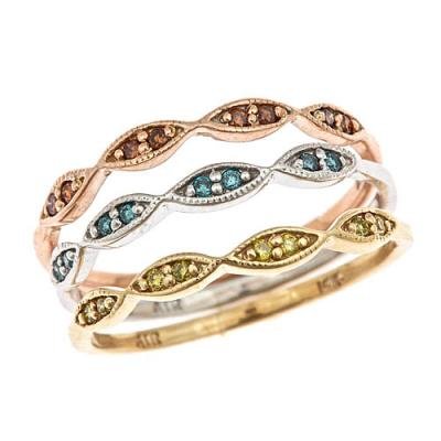 14K Tri-Color Gold Blue Yellow Cherry Red Diamond 3 Stackable Rings Set (1/4 Carat, SI Clarity)