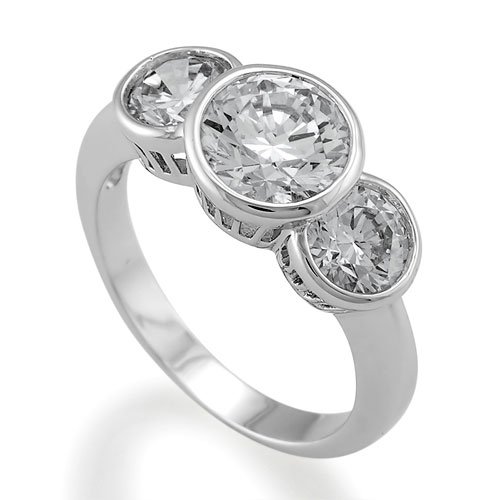 Sterling Silver Round Bezel Set Cubic Zirconia CZ 3-Stone Ring - Women's Engagement Wedding Ring Size 6