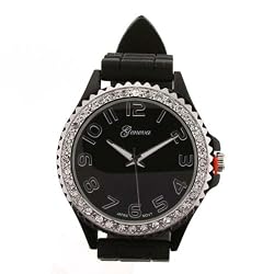 Black Silver Silicone Gel Ceramic Style Band Crystal Bezel Watch