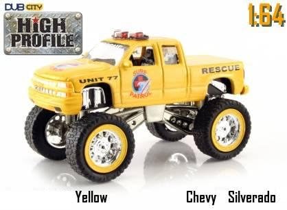 Jada Dub City High Profile Yellow Chevy Silverado Surf Patrol Rescue Truck 1:64 Scale Die Cast Car